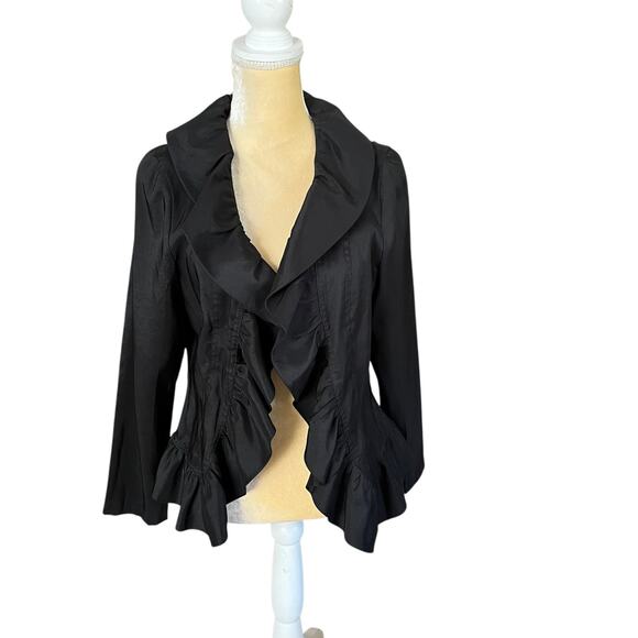 Rossi Roma Black Ruffle Jacket Top Medium Italy Silk MISSING BUTTON Y2K 90s - Picture 1 of 9
